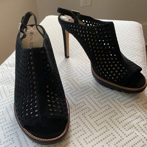 Via Spiga perforated black suede sling back heels. 4 in heel w/sm platform soles